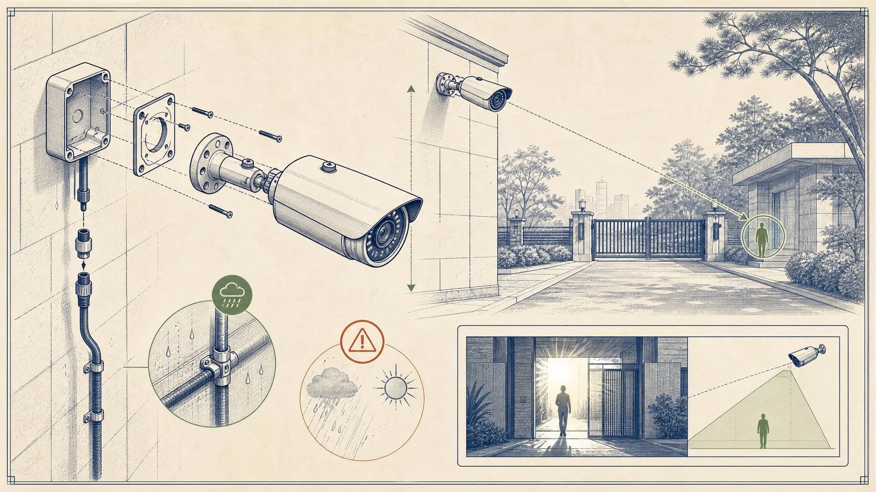 Bullet camera installation field guide showing long-axis view, outdoor mount, cable entry, IR, and service access