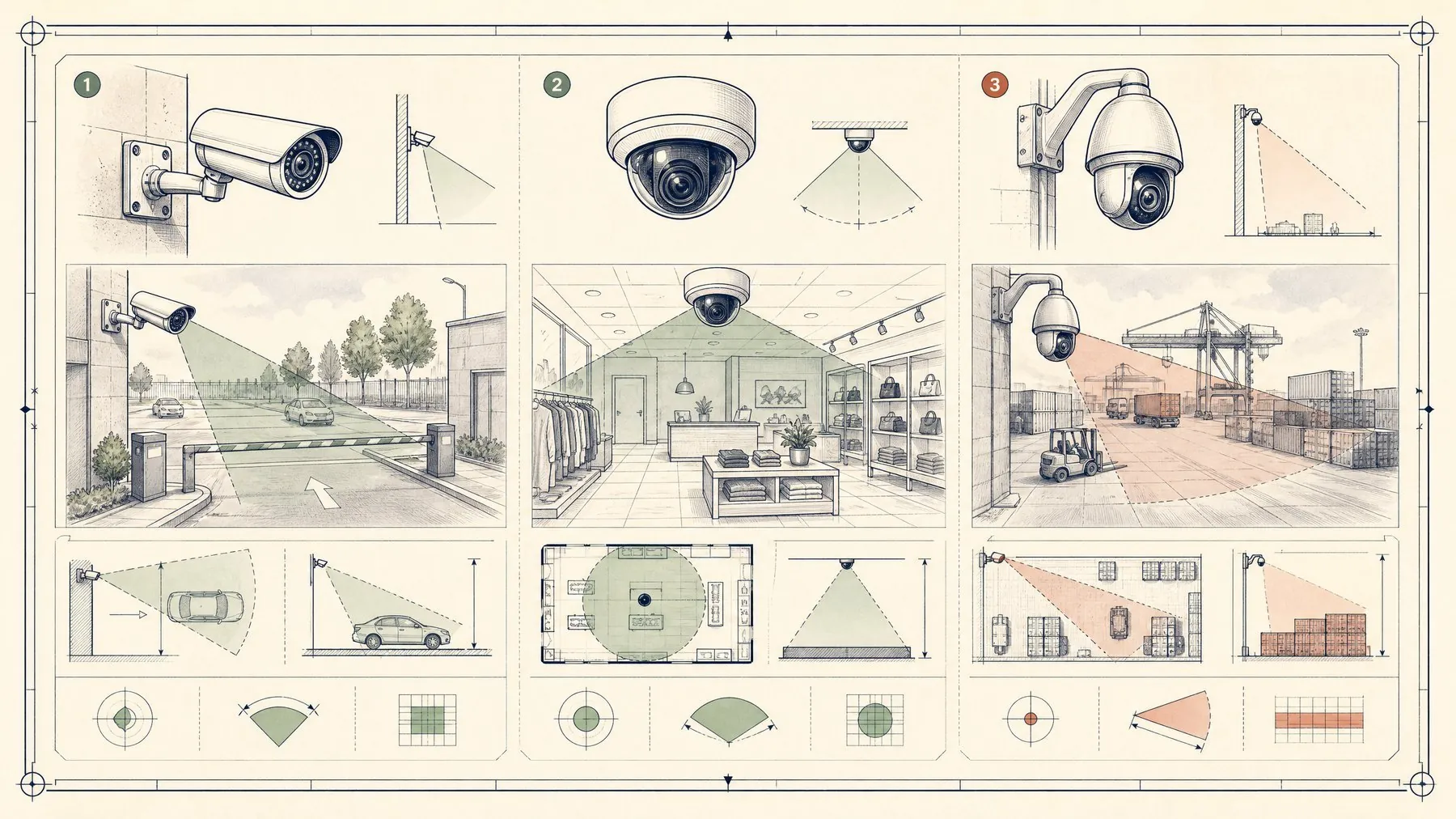 Security camera selection framework connecting observe, detect, identify, lens, light, network, and acceptance