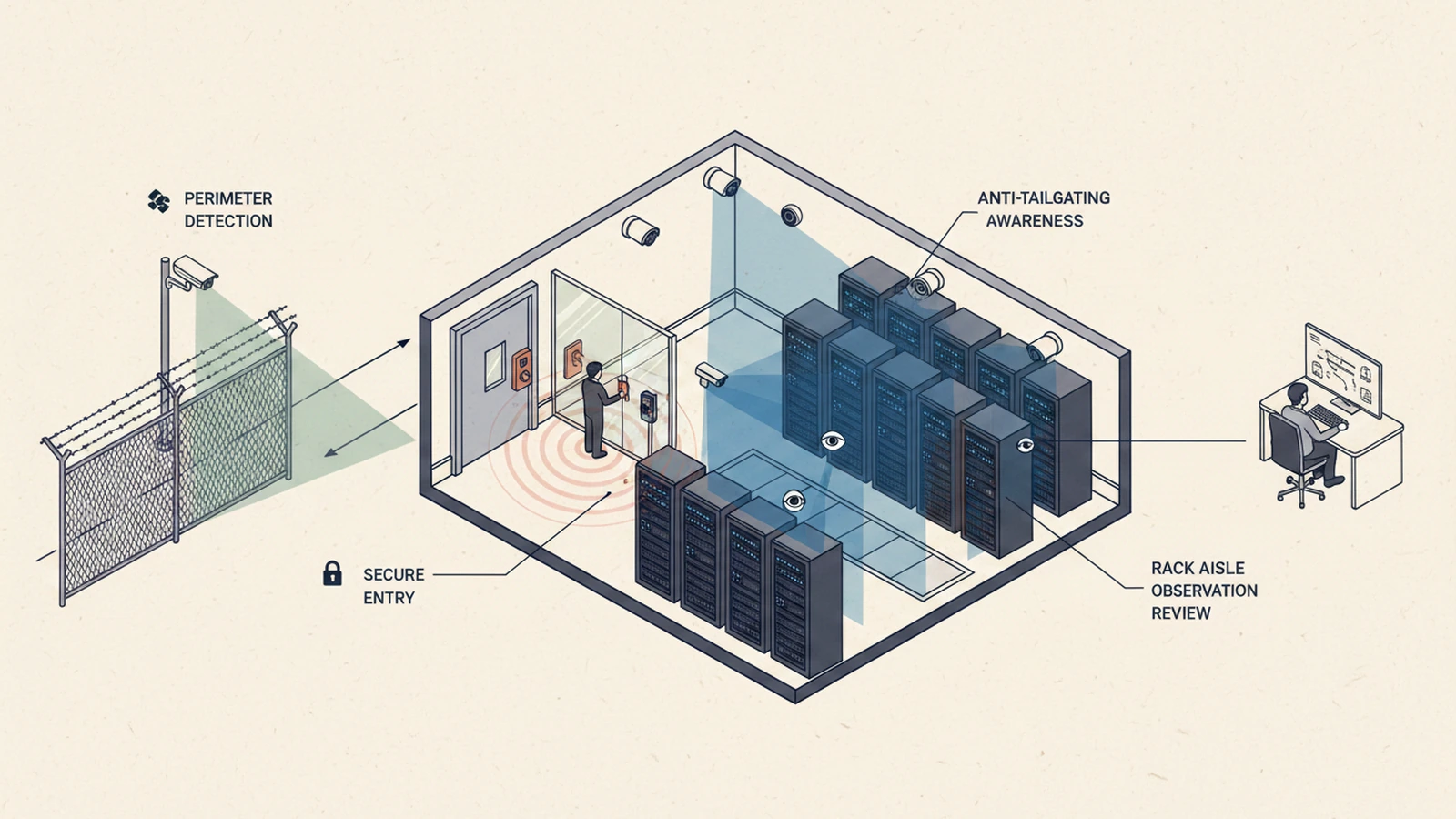 Illustrated data center physical security cameras across perimeter, entry, mantrap, and equipment boundaries