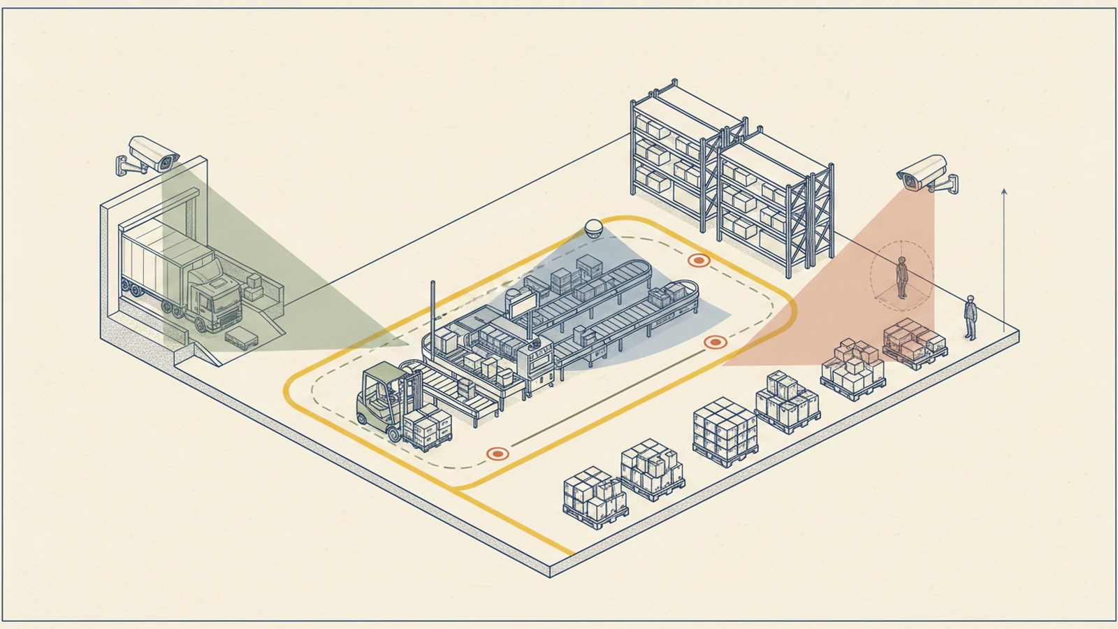 Illustrated warehouse dock security camera design with receiving, loading, and dispatch evidence paths