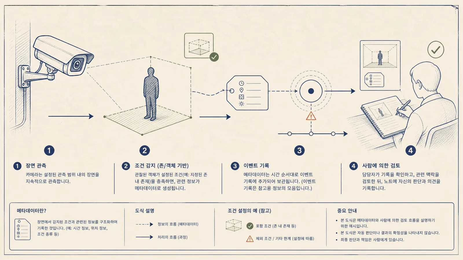 AI camera metadata and event workflow from object zone to operator review and evidence record