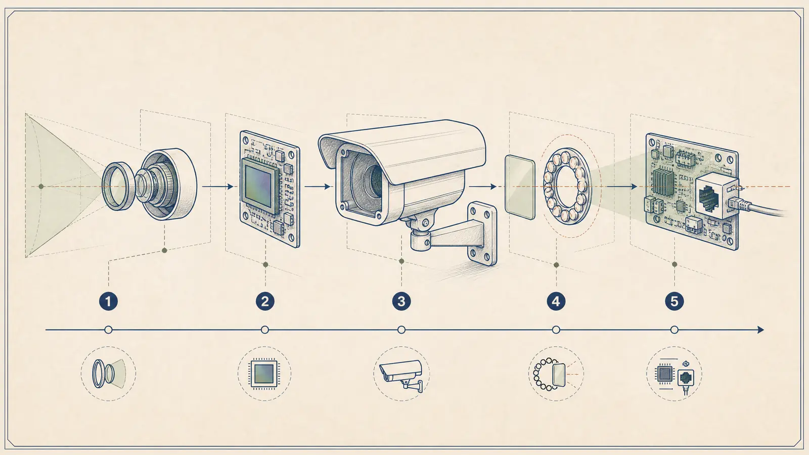 IP camera technology layers connecting lens, night vision, processing, PoE, PTZ, and analytics