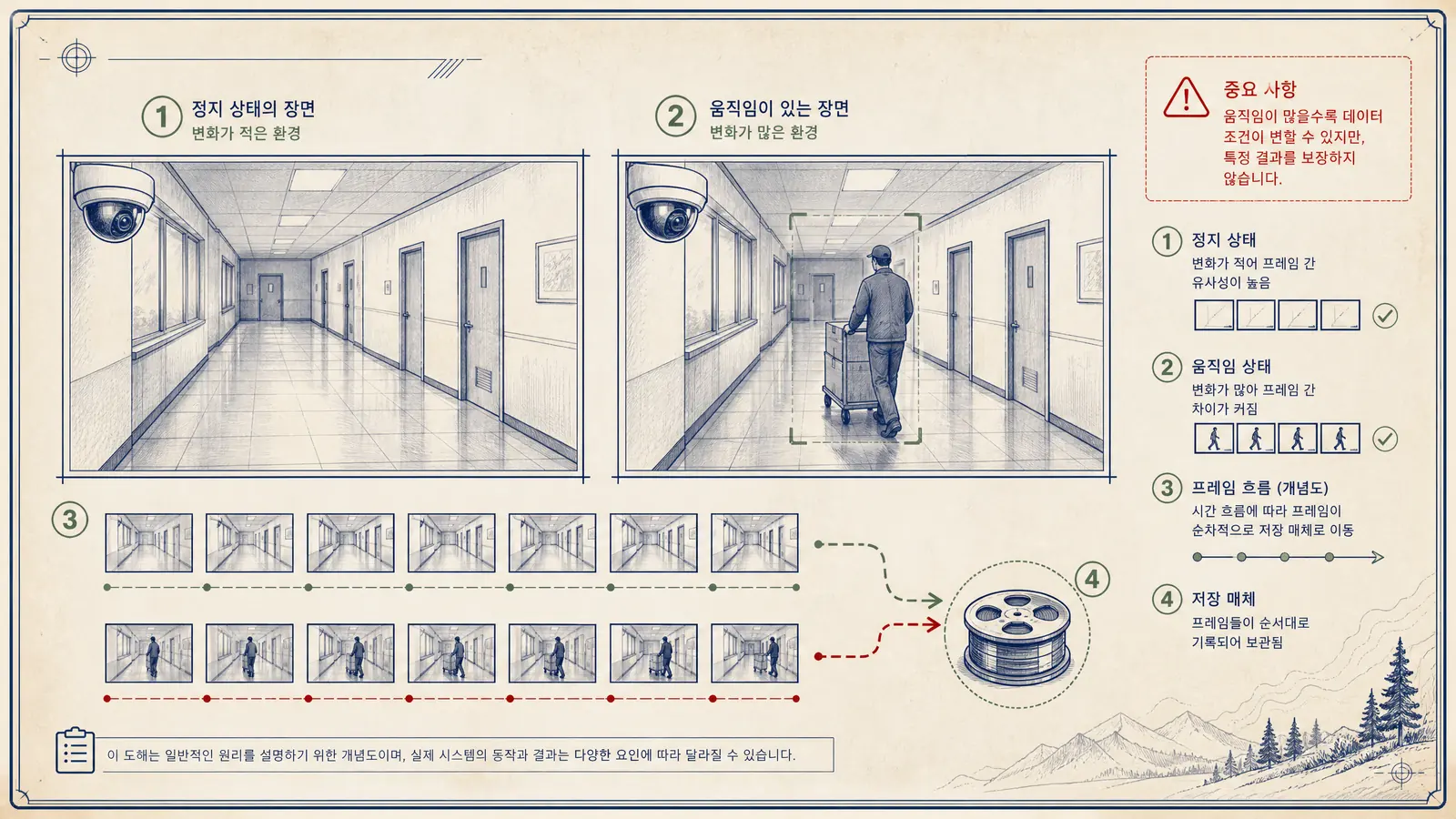 IP camera video compression and bitrate illustration comparing quiet, moving, and low-light scenes
