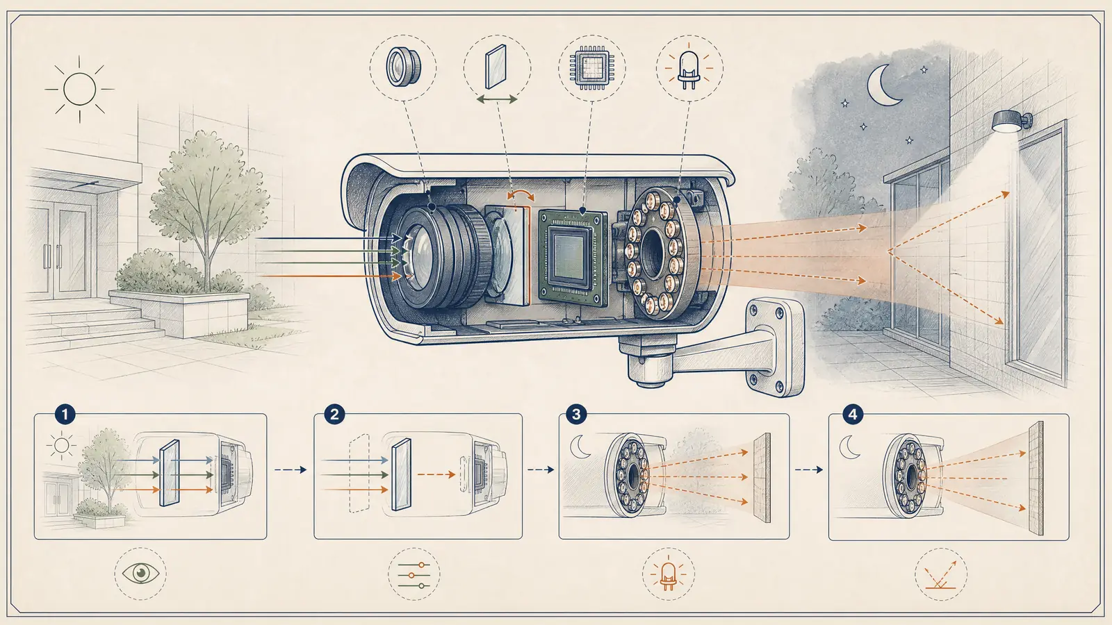 IR LED and IR-cut filter night-vision diagram showing illumination and reflection paths