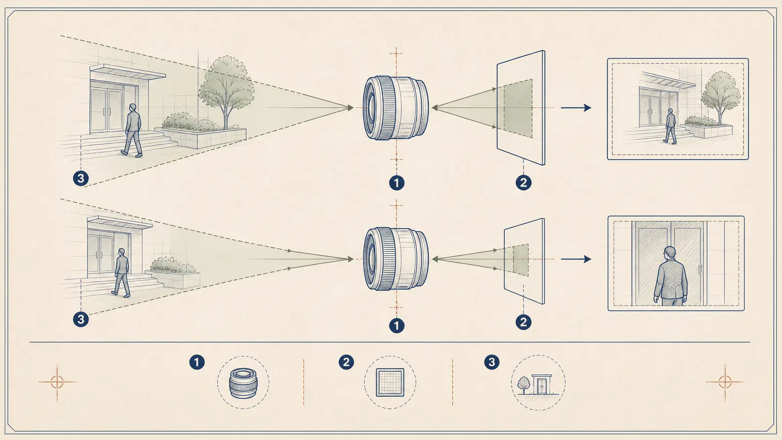 Lens and image sensor relationship showing focal length, sensor, distance, light, and target detail