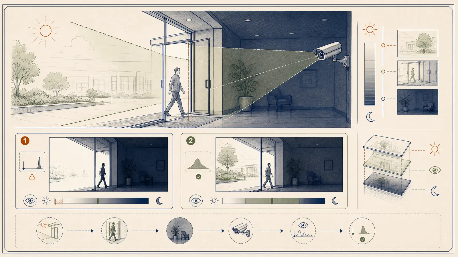 WDR backlight exposure illustration showing bright entrance, dark subject, and recorded detail test